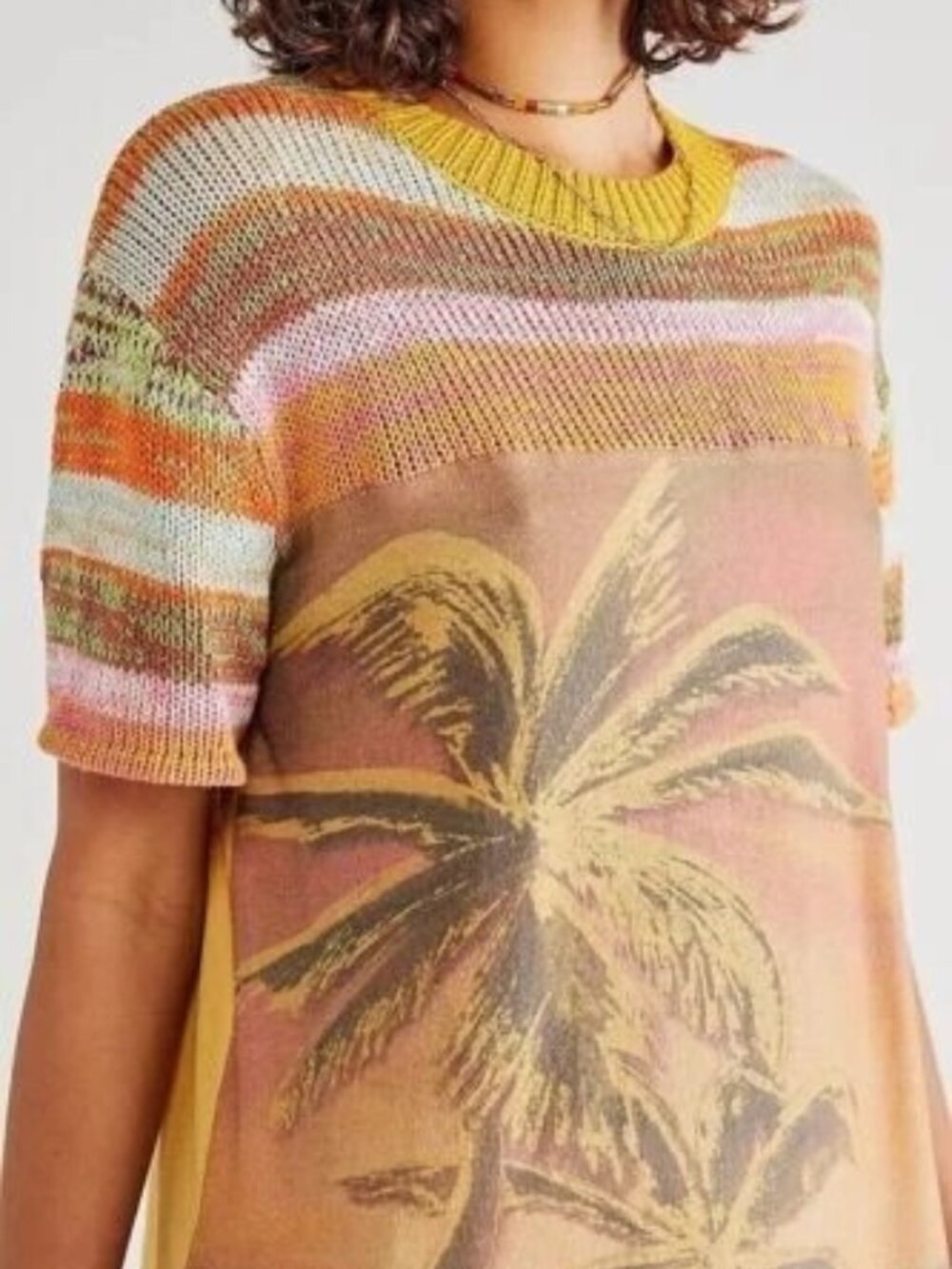 Free People We The Free Ibiza Swit Knit Sleeve Palm Tree Tee Size Small